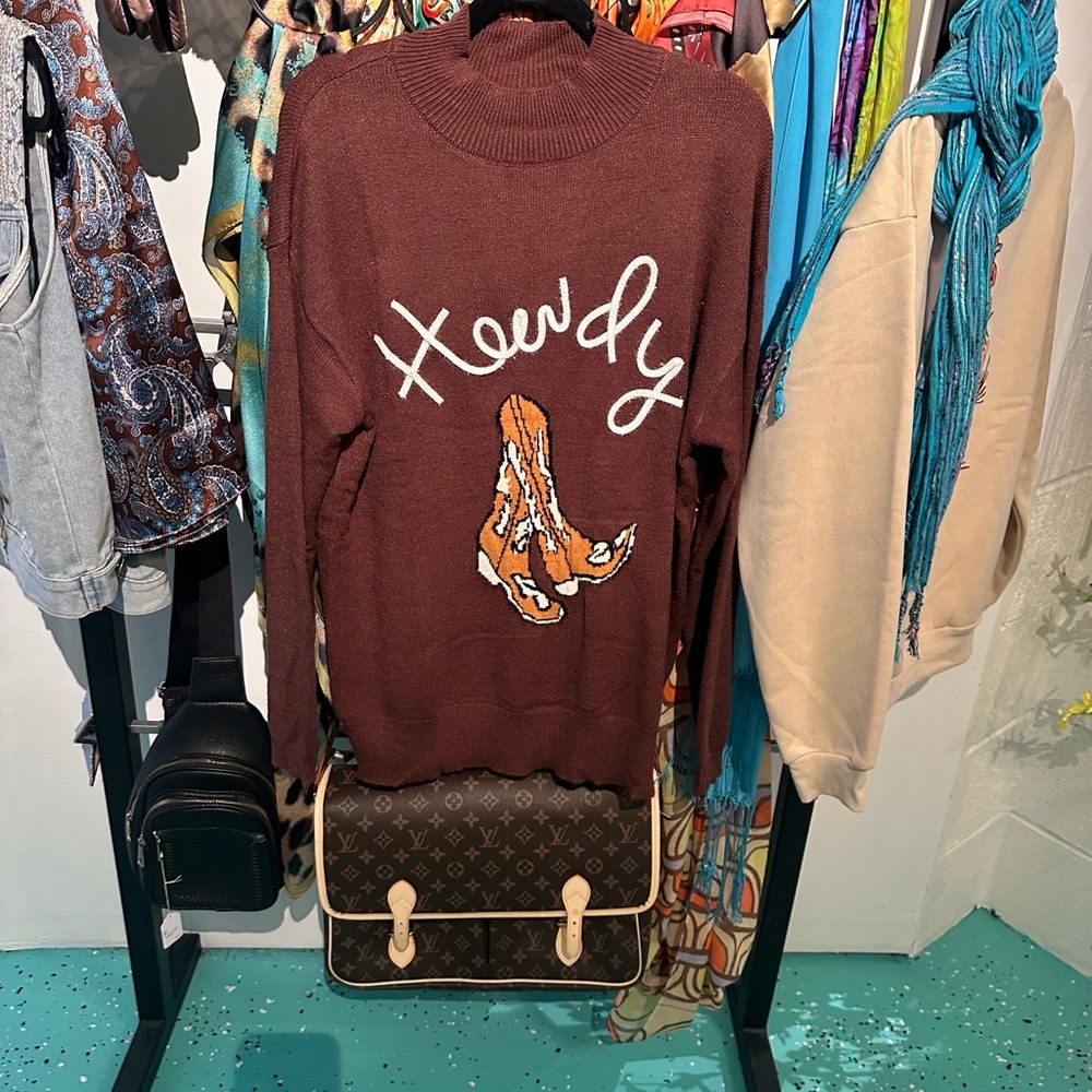 Brown Sweater with 'Howdy' and Boots Design